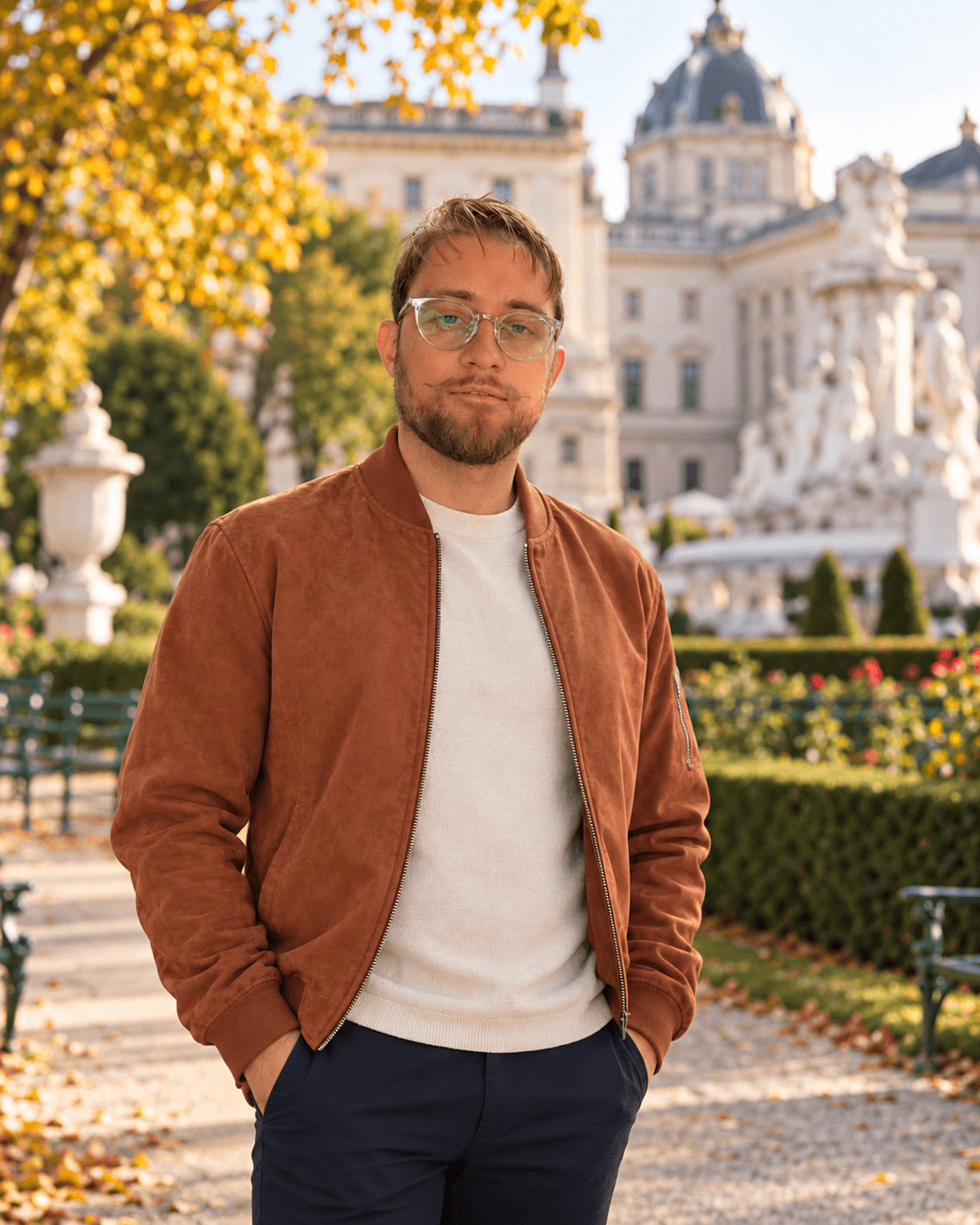 Anton Voblikov in a brown suede jacket, standing in a Vienna park in autumn